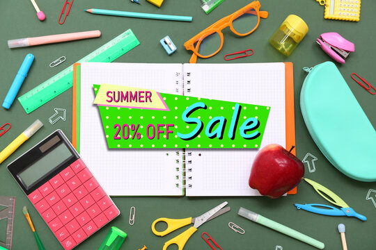 Summer sale 20% off banner on an open notebook with school supplies and a red apple on a green background