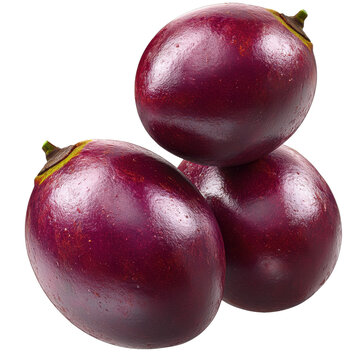 Stacked glistening scarlet eggplants with green stems showcasing their smooth textured skin isolated on white background