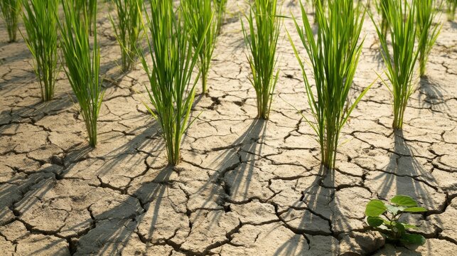 Resilient Green Rice Shoots Growing in Severely Cracked, Drought-Stricken Earth