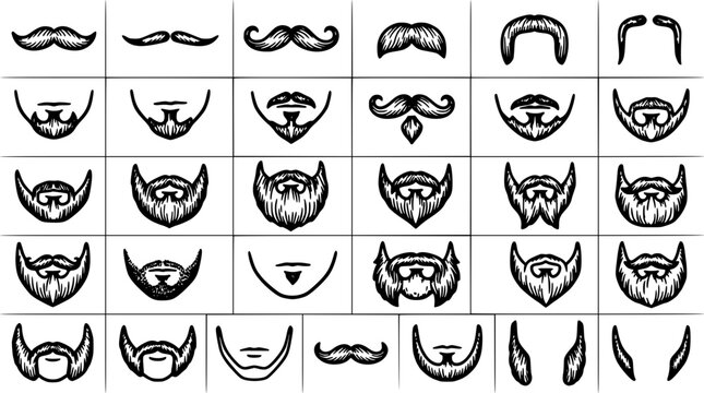 Beards and Mustaches in Various Styles and Designs, Black and White Vector Illustration Featuring Facial Hair, Grooming, Men