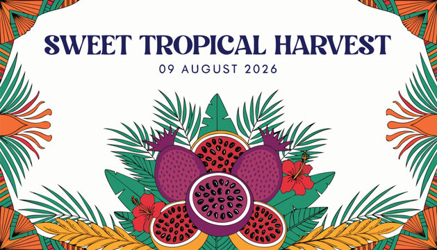 Colorful tropical fruit illustration featuring vibrant dragon fruits and palm leaves