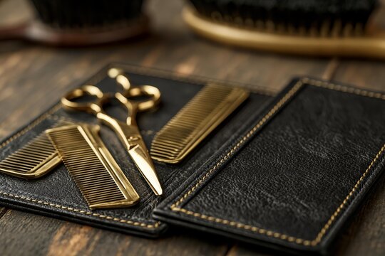 Golden grooming tools and accessories on a leather case on a wooden table