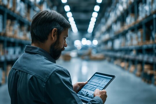 Warehouse worker reviews inventory data on a tablet computer