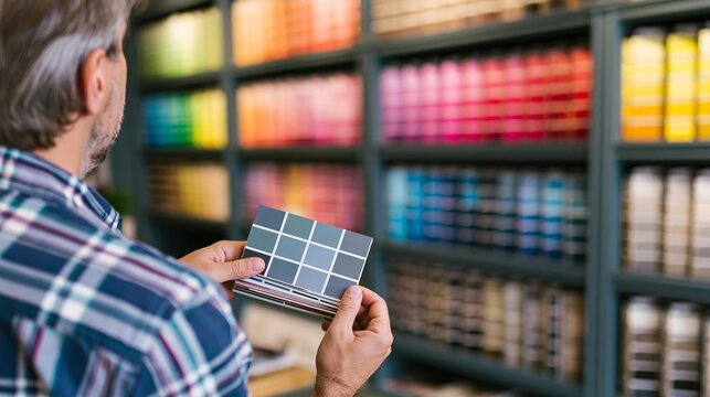 Man holding paint swatches in a store with colorful paint samples