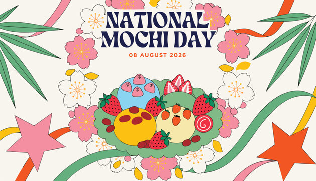 Colorful illustration celebrating national mochi day with festive floral decorations