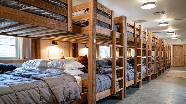 Row of wooden bunk beds in a dormitory or hostel room at night