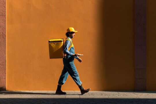 Food delivery person carrying pizza in a yellow insulated backpack