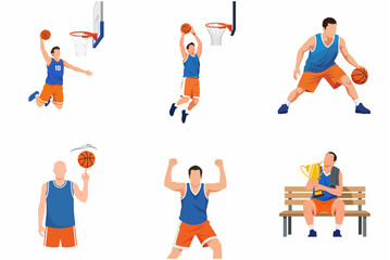Basketball player character illustrations in various poses including dunking, dribbling, and celebrating victory with a trophy © Kiko