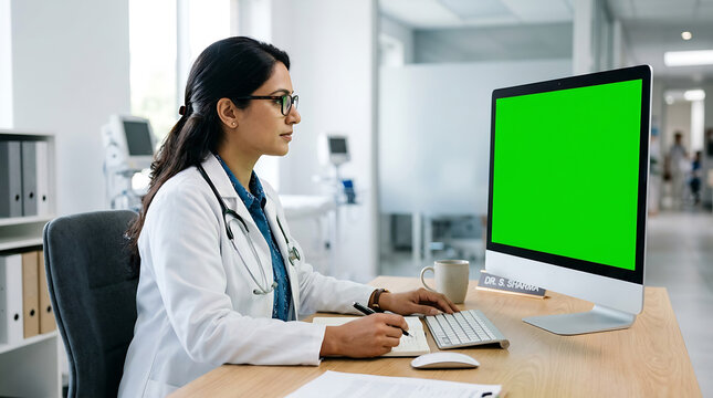 A female doctor wearing glasses and a white coat sits at her desk while taking notes in a notebook in front of a computer monitor with a bright green screen.