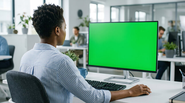 A professional woman with short hair wearing a striped blue shirt sits at a white desk while looking at a large computer monitor displaying a bright solid green screen chroma.