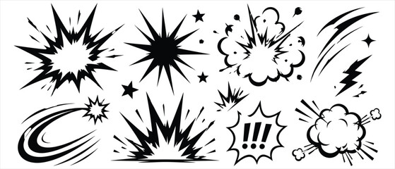 Obraz premium Various comic action bursts and explosive sound effect graphics with explosion lightning illustration background velocity