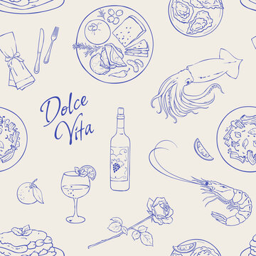 Whimsical Italian seafood seamless pattern with calamari, shrimp, fish and brunch food on blue outline background. Sketch style illustration for restaurant menu, dessert and brunch design,