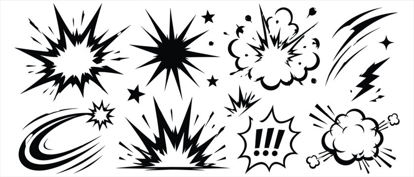 Various comic action bursts and explosive sound effect graphics with explosion lightning illustration background velocity