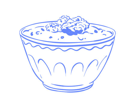 Cute hand drawn yogurt bowl icon. Whimsical blue line doodle dessert suits breakfast or brunch meal. Simple fruit food symbol fits cafe menu, restaurant card and cozy vintage kitchen print.