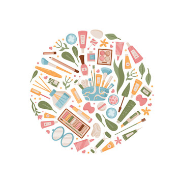 Cartoon spa skincare circle with soft pastel cosmetic product and beauty care item sticker. Flat natural makeup sticker set as organic skin concept, cute round icon for spa pack and eco cosmetic