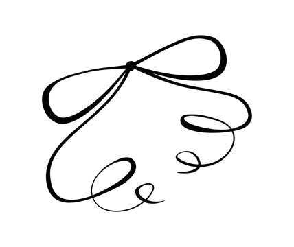 Cute coquette hand drawn bow in black line. Curly girly ribbon detail as romantic knot and decorative element. Simple whimsical frame accent for card or invite, vintage valentine decor and trendy