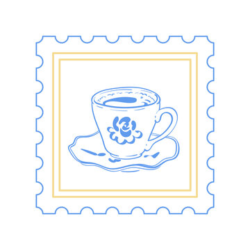 Coquette french coffee cup in blue. Delicate mug icon as vintage cafe accent and breakfast symbol. Cute espresso drink motif with ink line border for menu card, restaurant logo and minimalist food