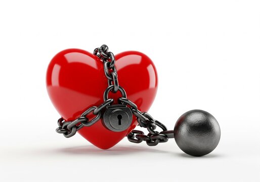 Abstract black heart-shaped cuffs locked with a padlock symbolizing bondage and restraint