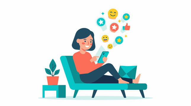 Woman using smartphone on couch, receiving social media likes and emojis