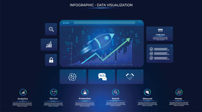 Futuristic cryptocurrency launch infographic featuring a rocket, upward-trending financial data and statistical bars, and a six-button interface. The visuals represent exponential growth in value