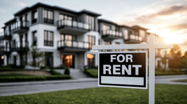 Modern apartment complex for rent with a clear sign in front during sunset