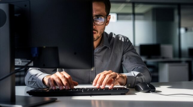 Businessman with glasses looking intensely at a computer monitor while typing on a keyboard in a dark office, symbolizing data analysis, cyber security, coding, and focus.