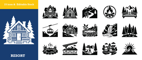 Mountain resort icon set with cabins, hiking, campfires, and outdoor activities. © Md