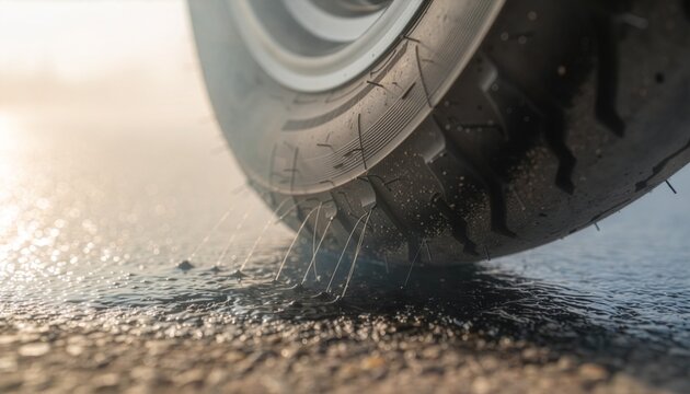 Close up of a vehicle tire driving on a wet asphalt road with water spraying from the tread, symbolizing safety, traction control, aquaplaning prevention, and automotive travel.
