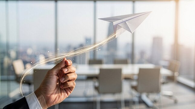 Hand releasing a paper plane with glowing light trails in a modern conference room, symbolizing business launch, creative startup innovation, freedom, and future success.
