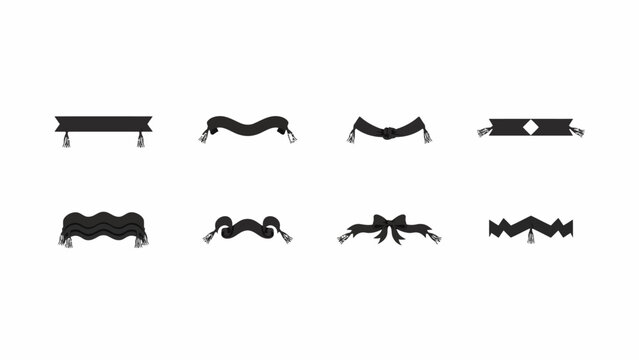 Black decorative fabric bows and ribbons set with fringe details . Vector illustration.
