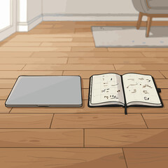 Fototapeta premium Planner and flat vector on wooden floor in a bright room during day time showing work setup