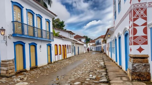 Paraty, streets and houses in the historic center. Paraty, in Rio de Janeiro, is a UNESCO listed colonial city. Time lapse.