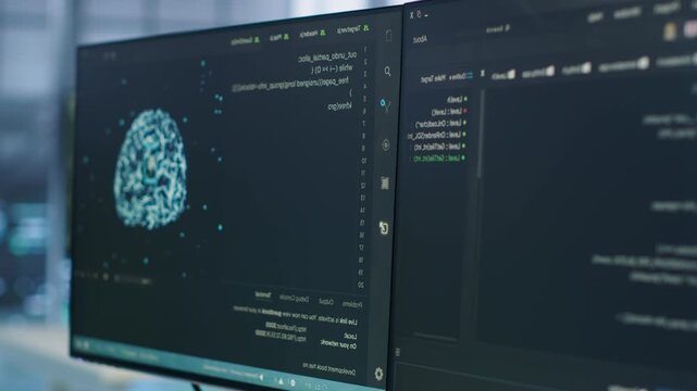 Detailed code lines run on computer displays in a server room for machine learning, supporting AI processing and dataset training inside data center equipment.