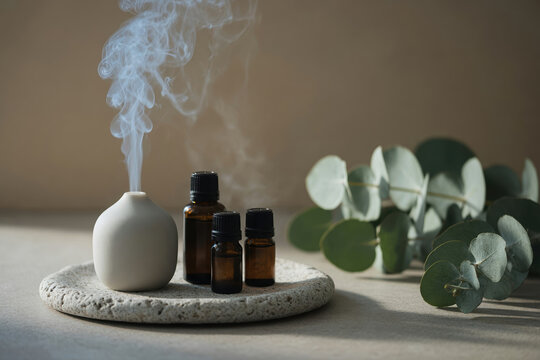 Aromatherapy essential oil oil bottle diffuser steam smoke stone tray eucalyptus leaf spa wellness relaxation calm natural organic fragrance scent herbal Alternative holistic healing concept