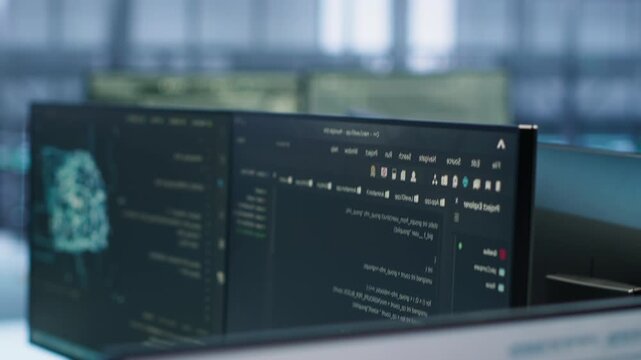 Computer code runs inside high tech AI facility while computer screens, machine learning and system error support the task, captured with handheld camera movement.
