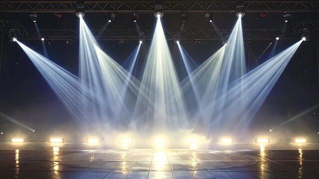A professional stage setup with bright spotlights and atmospheric haze