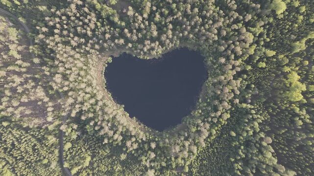 High-angle perspective of a beautiful heart shape lake surrounded by lush pine trees during golden hour. Professional drone photography showcasing pristine Swedish landscape.