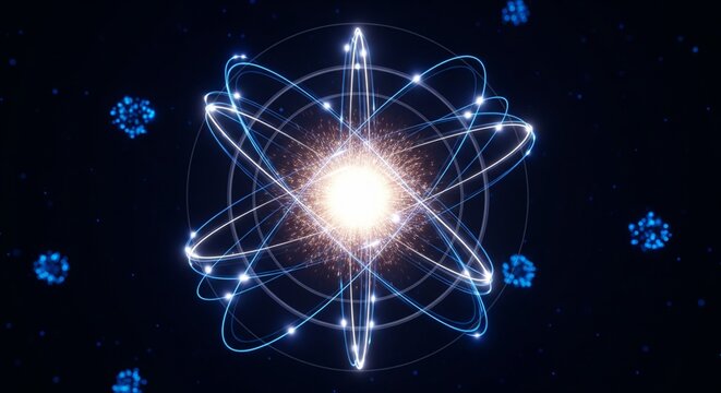 Atomic Structure Glowing with Electrons Orbiting in Cosmic Digital Space