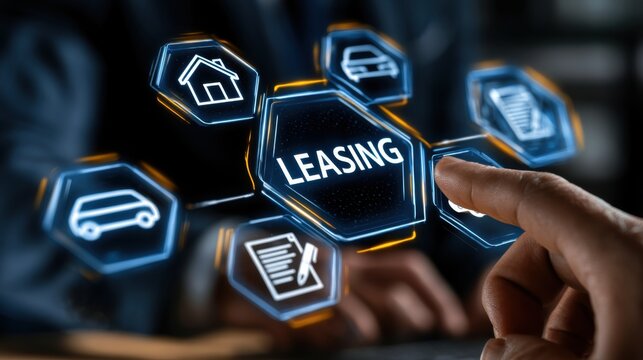 Finger points to leasing options on a virtual display with icons representing different assets and services