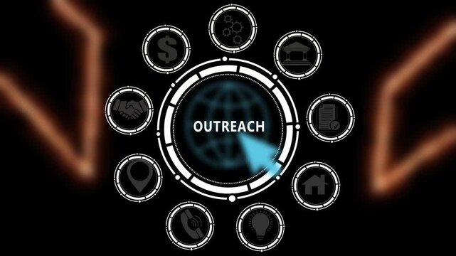 Abstract Technical Dashboard Visualizing OUTREACH Concept with Tech Gears. 4K Animation