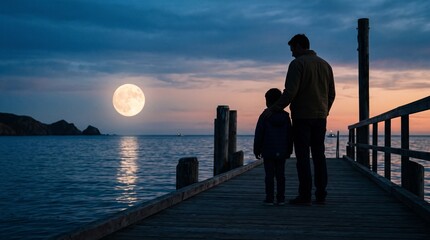 Fototapeta premium Father and son watching full moon rise over ocean from wooden pier at dusk