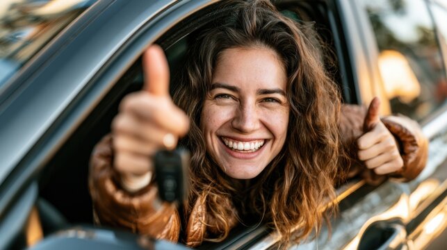Woman shows thumbs up from car window while smiling in urban setting on bright sunny day