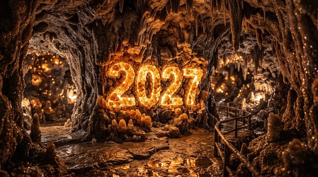 Glowing 2027 illuminated cave entrance with ancient trees and mysterious pathway leading deep into darkness