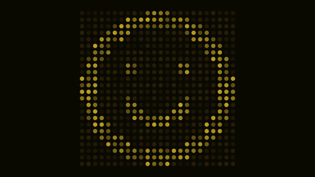 Led digital smiley face animation, glowing yellow dot matrix display for social media and communication concepts 4k