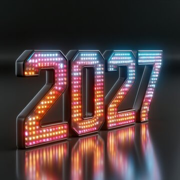 Colorful LED numbers display 2027 on a dark background for New Year celebration and event activity
