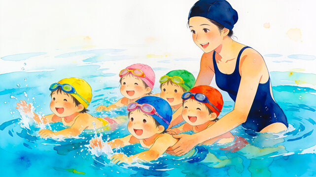 プールで水泳レッスンを受ける子どもとコーチの水彩イラスト