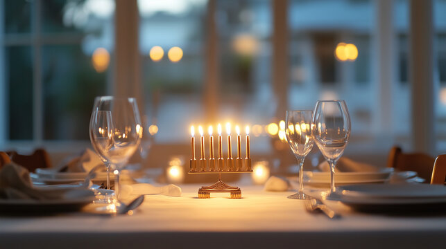Softly illuminated menorah laid on a white linen tablecloth within a mildly focused space