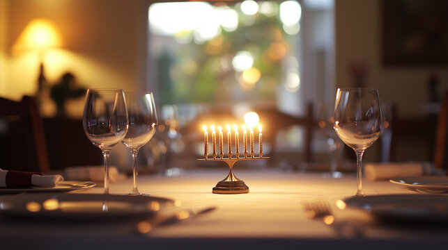 Softly illuminated menorah laid on a white linen tablecloth within a mildly focused space