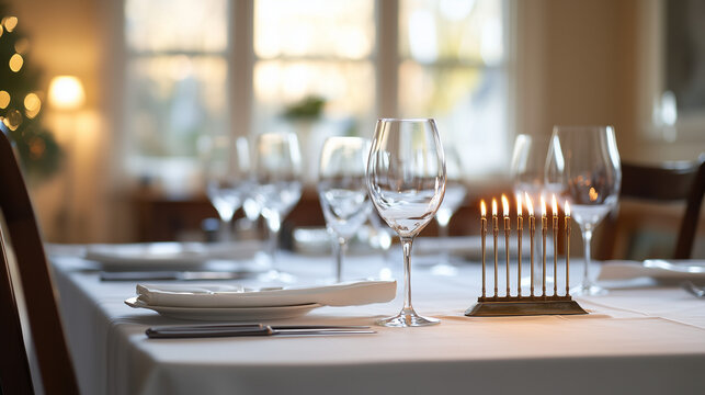 Softly illuminated menorah laid on a white linen tablecloth within a mildly focused space