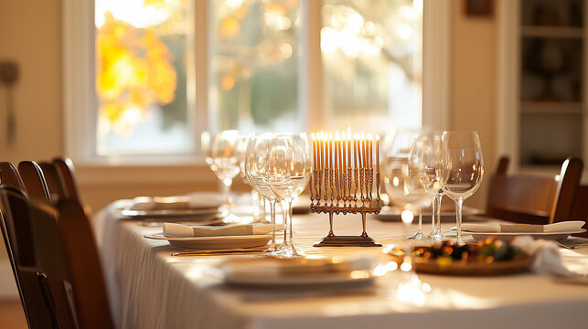 Gently glowing menorah resting atop a pale linen tablecloth inside a subtly blurred room